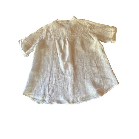 White Italian-Made 100% Linen Button-Up Shirt With Mandarin Collar & Pocket - Picture 5 of 5